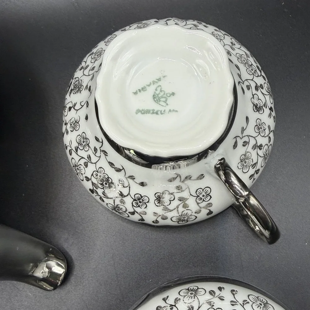 Black And Silver Floral Bavarian Teapot & 4 Teacup Set